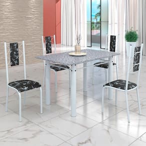 Conjunto Sala de Jantar Bahia Mesa Tubo 120x75cm Tampo Pedra Granito Ocre com 4 Cadeiras Preto Floral/Branco