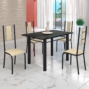 Conjunto Sala de Jantar Bahia Mesa Tubo 120x75cm Tampo Pedra Ardósia Indiana com 4 Cadeiras Creme/Preto Fosco
