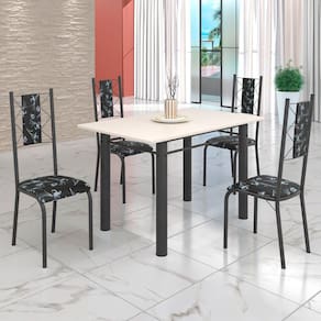 Conjunto Sala de Jantar Bahia Mesa Tubo 120x75cm Tampo Madeira com 4 Cadeiras Preto Floral/Prata