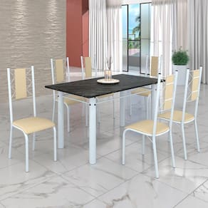 Conjunto Sala de Jantar Bahia Mesa Tubo 140x75cm Tampo Pedra Ardósia Indiana com 6 Cadeiras Creme/Branco