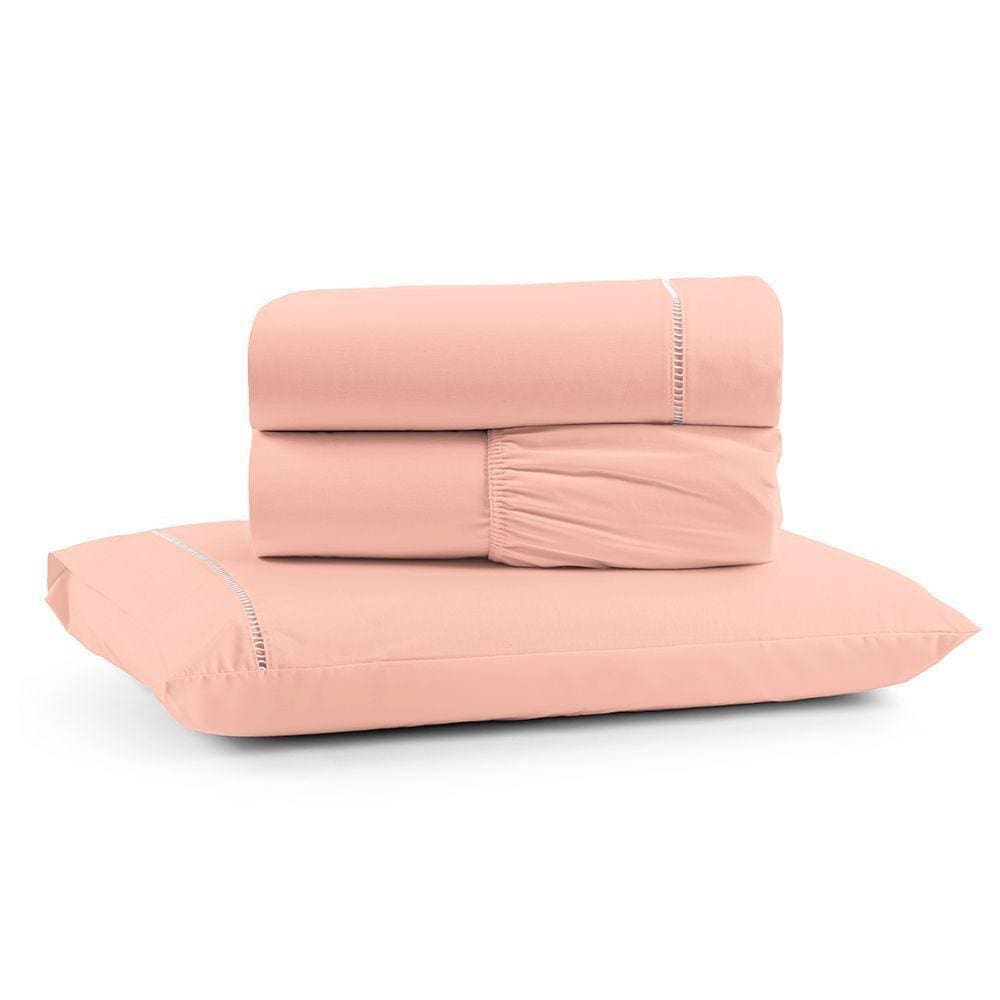 Jogo De Lençol Luiza Solteiro 3 Pçs Percal 100% Algodão 180 Fios Ponto Palito - Rosê