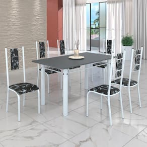 Conjunto Sala de Jantar Bahia Mesa Tubo 140x75cm Tampo Madeira com 6 Cadeiras Preto Floral/Branco