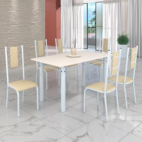 Conjunto Sala de Jantar Bahia Mesa Tubo 140x75cm Tampo Madeira com 6 Cadeiras Creme/Branco