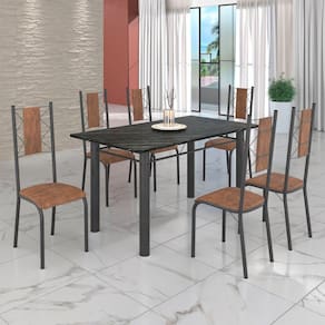 Conjunto Sala de Jantar Bahia Mesa Tubo 140x75cm Tampo Madeira Indiano com 6 Cadeiras Courino Marrom/mart. Prata