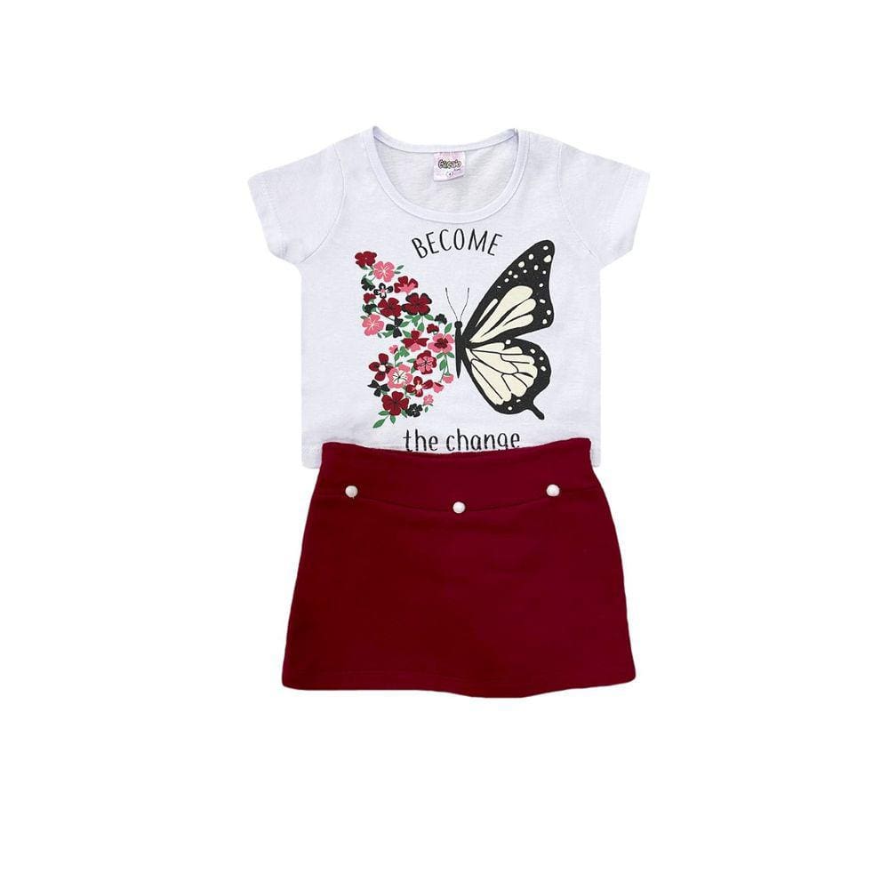 Conjunto Infantil Menina Borboleta Blusa Cropped Vermelha com Short Saia - Cacaio