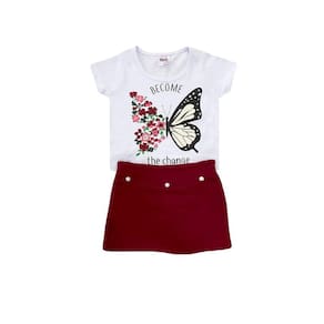Conjunto Infantil Menina Borboleta Blusa Cropped Vermelha com Short Saia - Cacaio