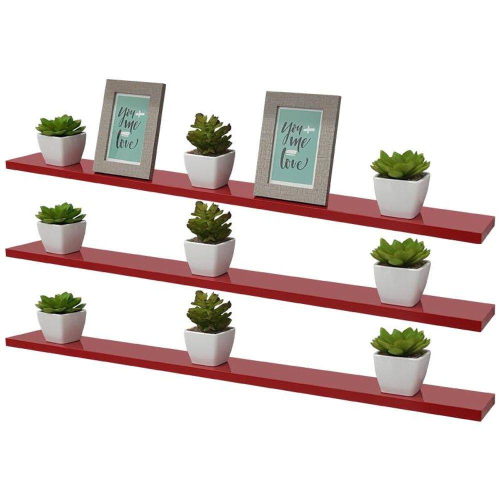 Kit 3 Prateleiras 80 x 10cm Vermelha Suporte Invisível