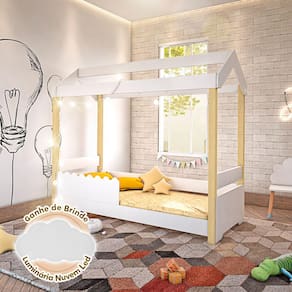 Cama Premium Montessoriana Infantil Casinha Solteiro Grade Branca Jhulia Branco e Natural Acompanha