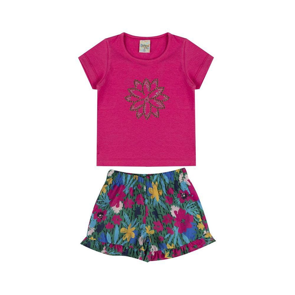 Conjunto Infantil Menina Blusa Pink Flor e Short Floral - Didiene