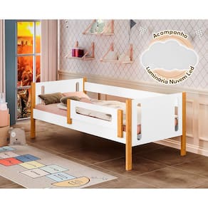 Cama de Solteiro Premium Mirela Branco/amêndoa com Grade de Proteção Acompanha Luminária Led