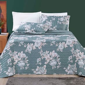Kit Cobre Leito Colcha Celi Casal Padrão Dupla Face Micropercal 200 Fios 3 Peças - Verde Floral