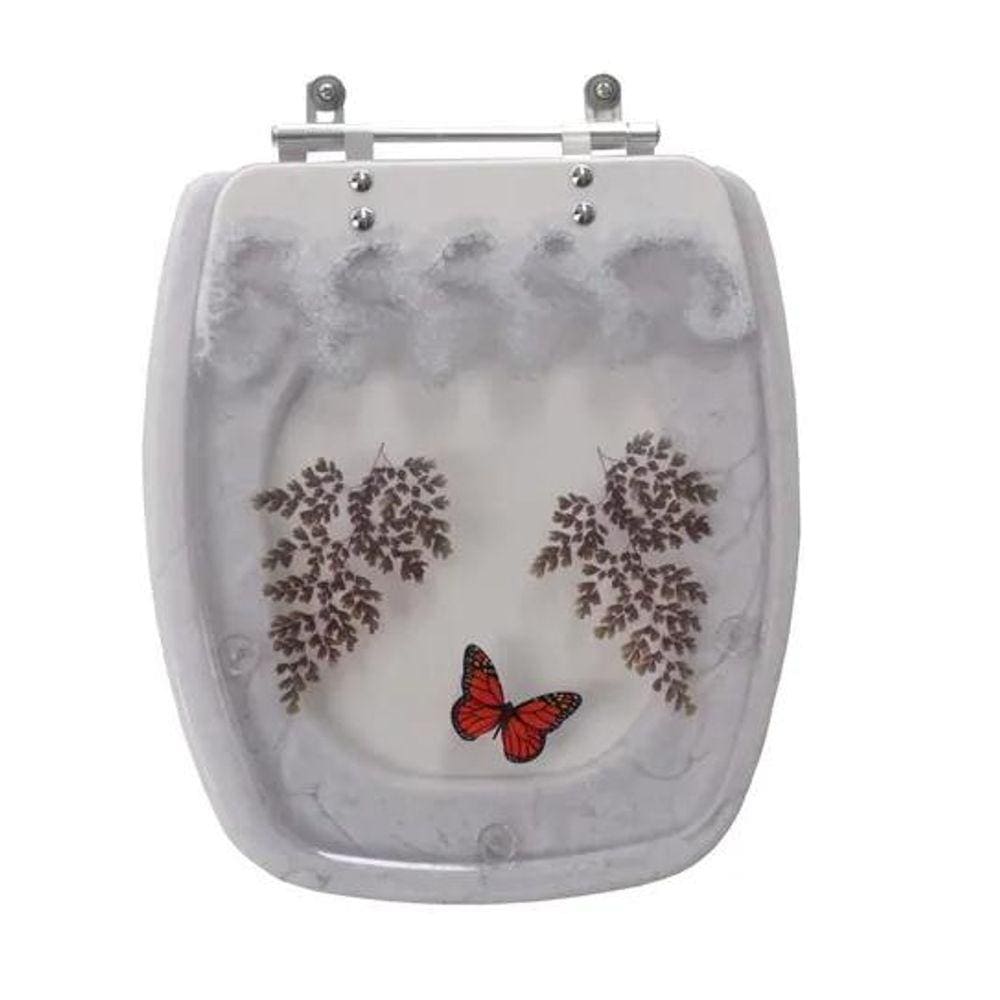 Assento Sanitário Poliester Stylus Decorado Branco Borboleta Vermelha