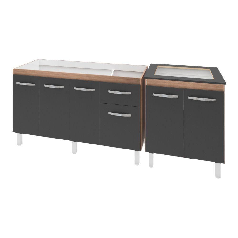 Armário Cozinha Gabinete Pia De 140 Cm Camile Com Balcão Cooktop 4 Bocas Savana Frente Preta Jade