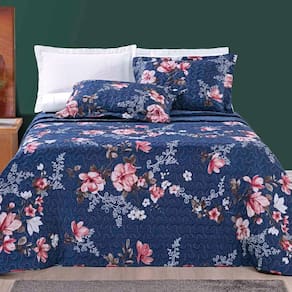 Kit Cobre Leito Colcha Celi Casal Padrão Dupla Face Micropercal 200 Fios 3 Peças - Azul Marinho Floral