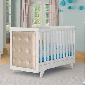 Berço Mini Cama com Capitône Retrô 100% MDF Móveis Peroba Branco/Sintético Bege