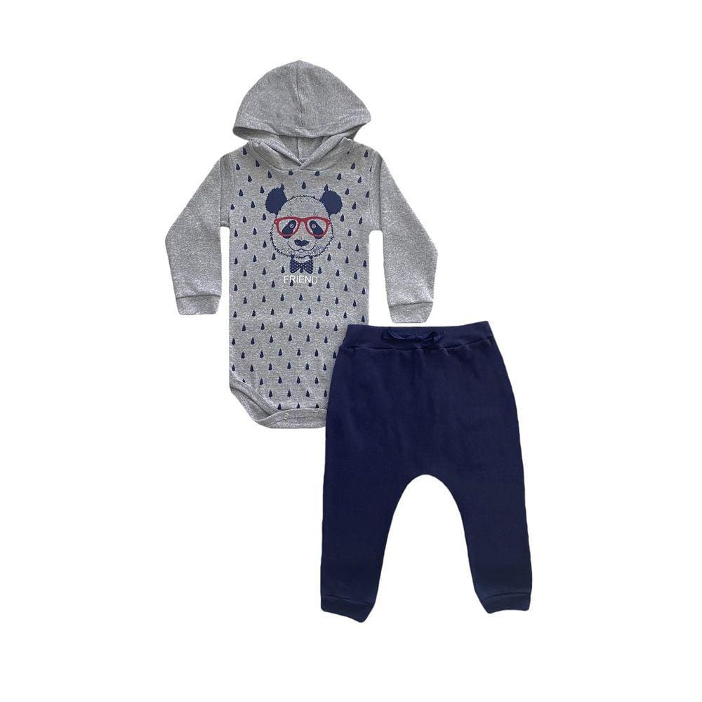 Conjunto Infantil Menino Body Mescla Urso + Calça Azul Marinho - Lumagy