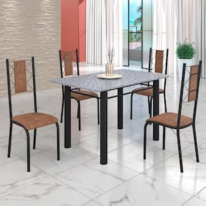 Conjunto Sala de Jantar Bahia Mesa Tubo 120x75cm Tampo Pedra Granito Ocre com 4 Cadeiras Marrom/Preto