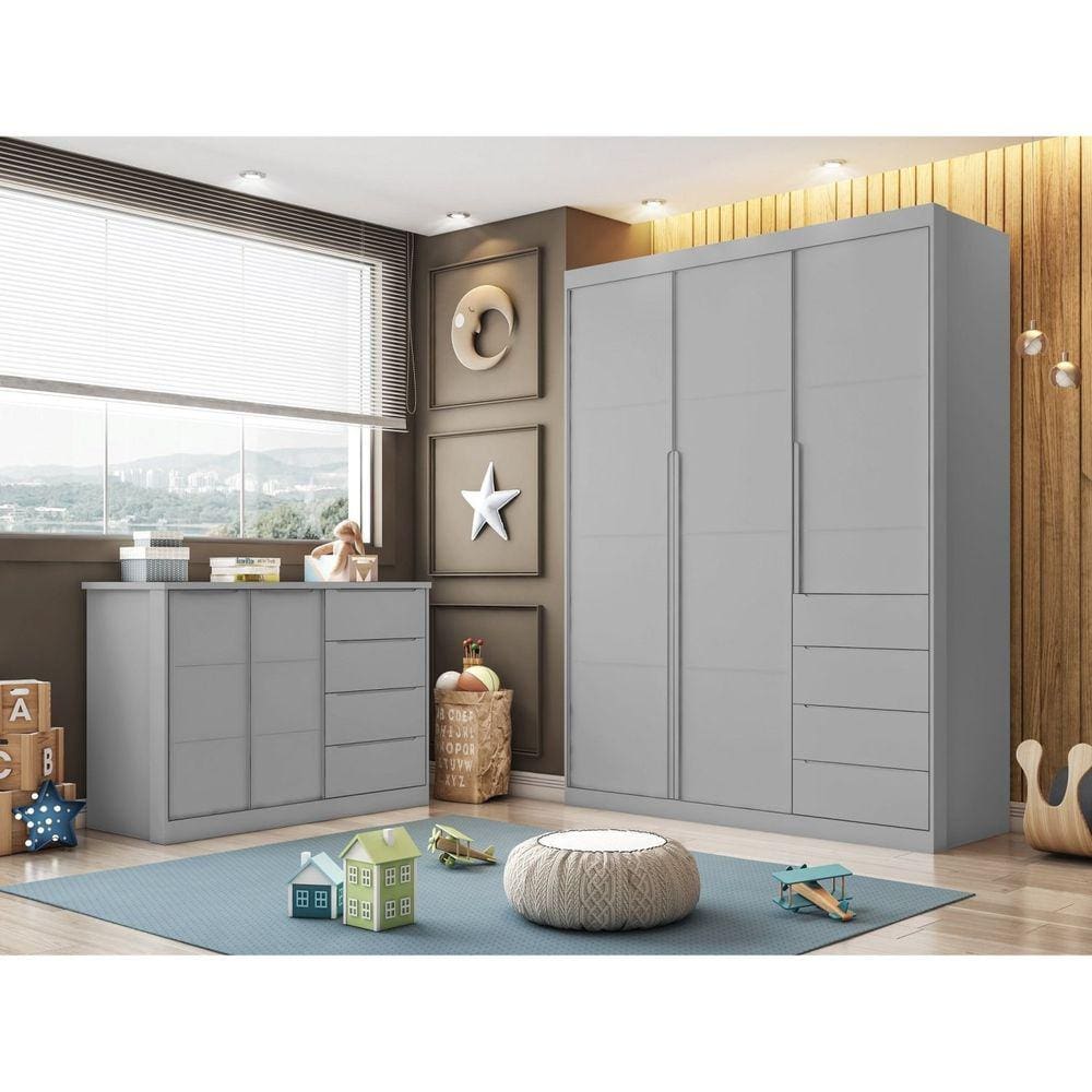 Quarto Infantil Completo Roupeiro e Cômoda 4 Gavetas Pérola Cinza