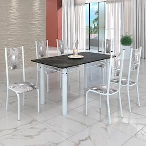 Conjunto Sala de Jantar Bahia Mesa Tubo 140x75cm Tampo Madeira Indiano com 6 Cadeiras Paraopeba/Branco