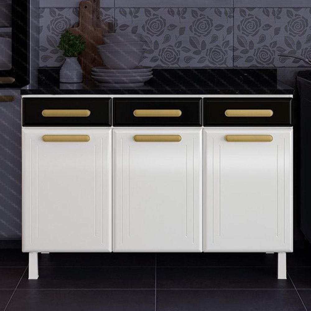 Balcão de Cozinha de Aço Triplo sem Tampo 3 Portas 3 Gavetas Ágata Branco/Preto