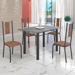 Conjunto Sala de Jantar Bahia Mesa Tubo 120x75cm Tampo Pedra Granito Topázio com 4 Cadeiras Marrom/Prata