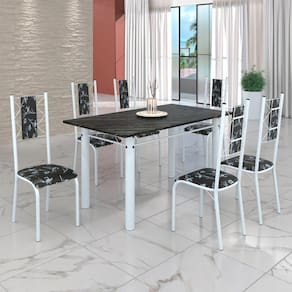 Conjunto Sala de Jantar Bahia Mesa Tubo 140x75cm Tampo Madeira Indiano com 6 Cadeiras Preto Floral/Branco