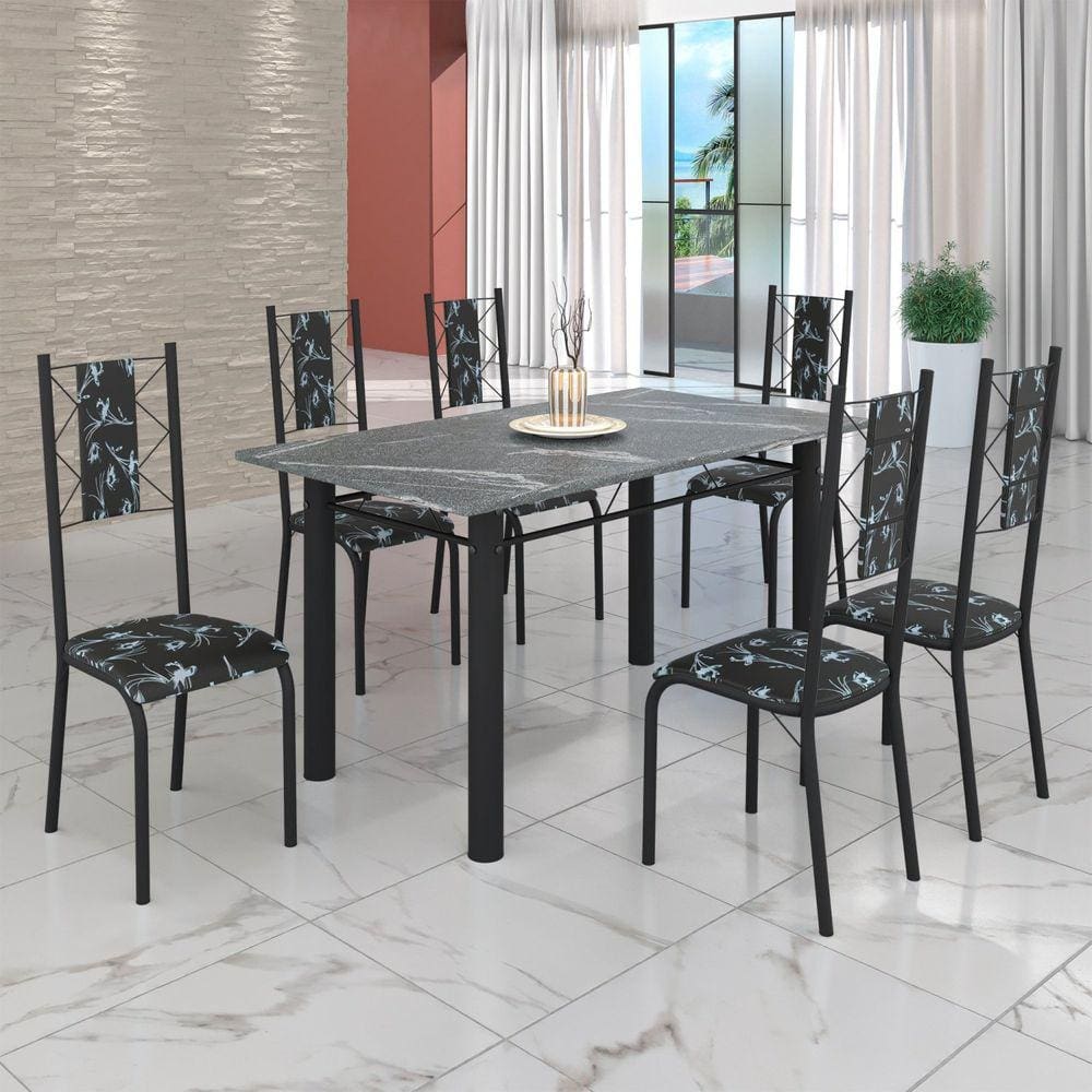 Conjunto Sala de Jantar Bahia Mesa Tubo 3" 140x75cm Tampo Pedra Granito Topázio com 6 Cadeiras Preto Floral / Preto Fosco