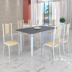 Conjunto Sala de Jantar Bahia Mesa Tubo 140x75cm Tampo Madeira com 6 Cadeiras Creme/Branco