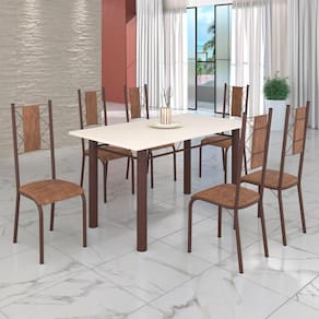 Conjunto Sala de Jantar Bahia Mesa Tubo 140x75cm Tampo Madeira com 6 Cadeiras Courino Marrom / Marrom