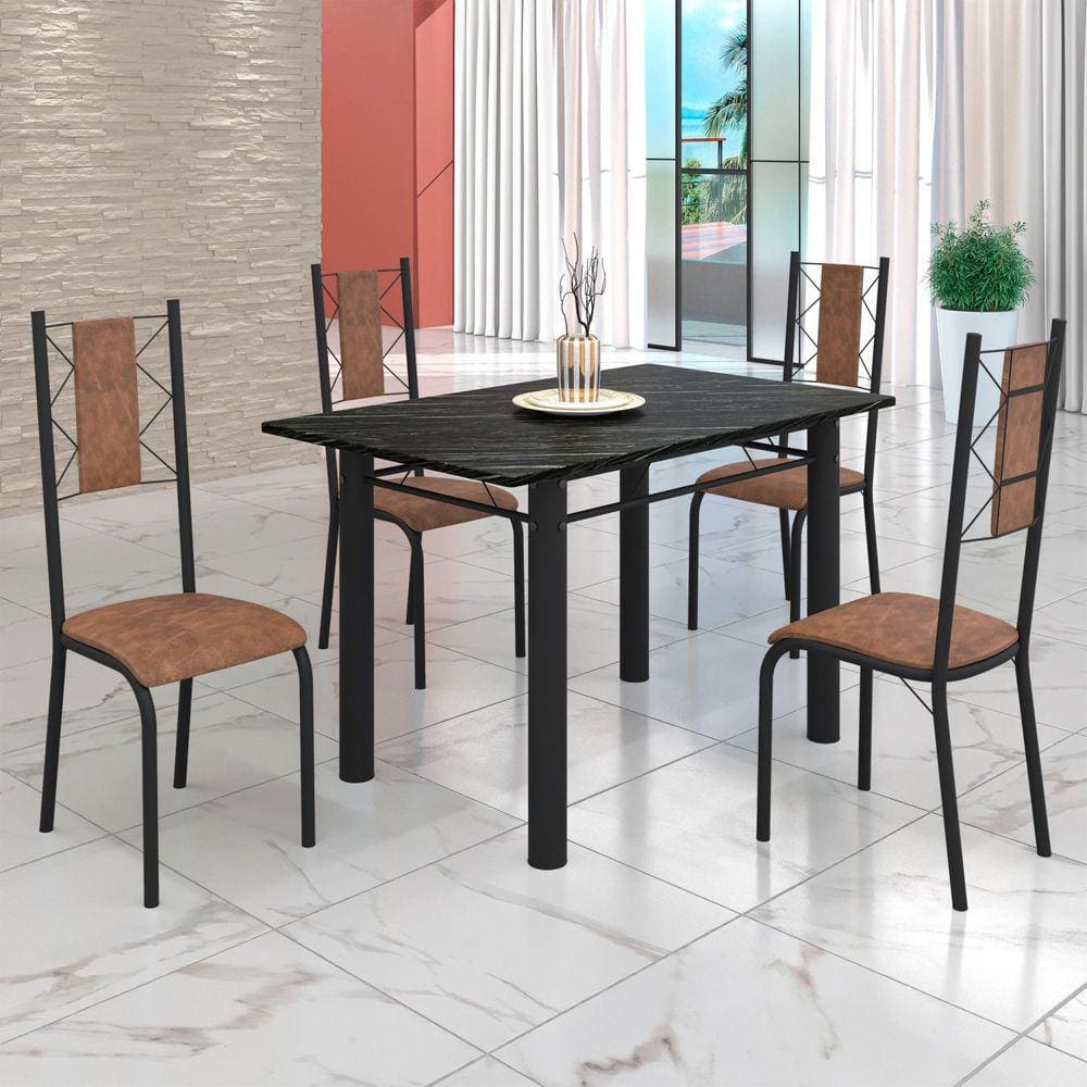 Conjunto Sala de Jantar Bahia Mesa Tubo 120x75cm Tampo Pedra Ardósia Indiana com 4 Cadeiras Marrom/Preto Fosco