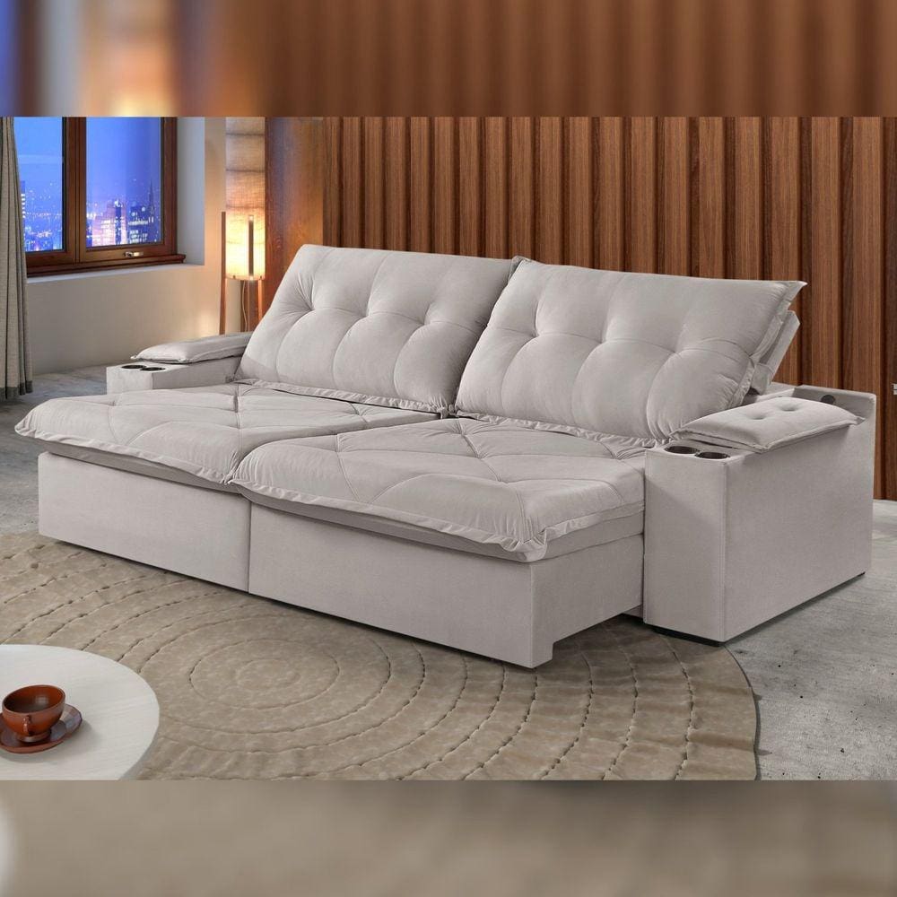 Sofá Retrátil e Reclinável 230cm M163 com Porta Copos Yescasa Veludo/Cinza