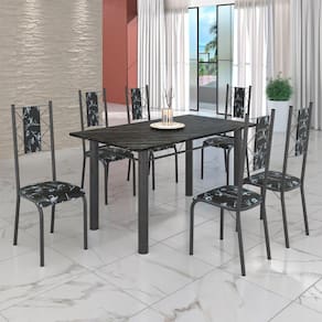 Conjunto Sala de Jantar Bahia Mesa Tubo 140x75cm Tampo Pedra Ardósia Indiana com 6 Cadeiras Preto Floral / Mart Prata