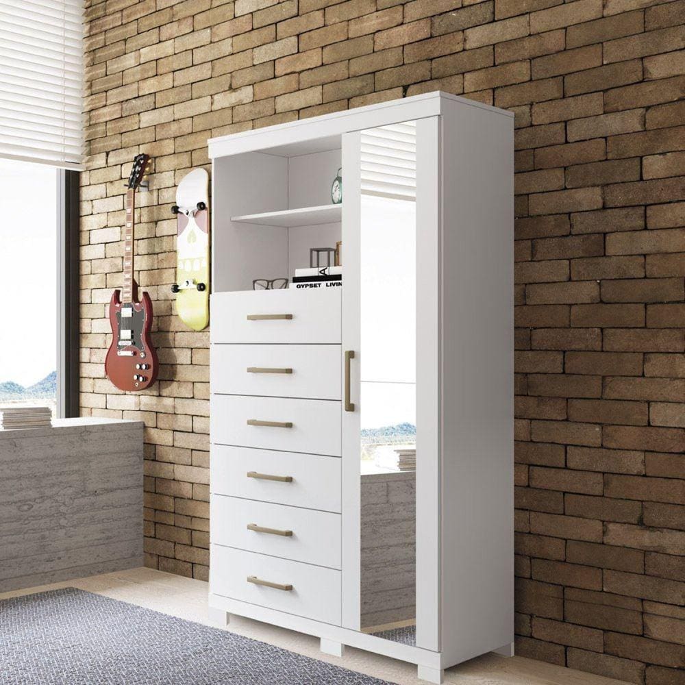 Cômoda 6 Gavetas 1 Porta 2 Nichos Marabá 1.6 com Espelho e Pés Branco