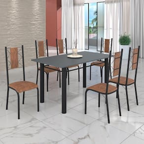 Conjunto Sala de Jantar Bahia Mesa Tubo 140x75cm Tampo Madeira com 6 Cadeiras Courino Marrom/preto Fosco
