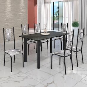 Conjunto Sala de Jantar Bahia Mesa Tubo 140x75cm Tampo Pedra Ardósia Indiana com 6 Cadeiras Paraopeba/ Preto Fosco
