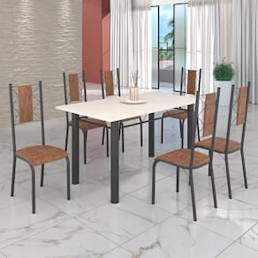 Conjunto Sala de Jantar Bahia Mesa Tubo 140x75cm Tampo Madeira com 6 Cadeiras Courino Marrom/mart. Prata