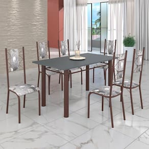 Conjunto Sala de Jantar Bahia Mesa Tubo 140x75cm Tampo Pedra com 6 Cadeiras Paraopeba / Marrom