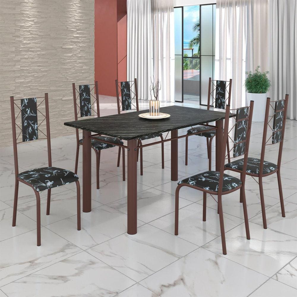 Conjunto Sala de Jantar Bahia Mesa Tubo 140x75cm Tampo Madeira Indiano com 6 Cadeiras Preto Floral / Marrom