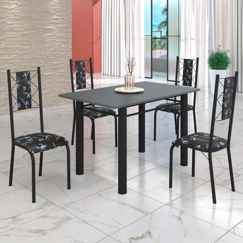 Conjunto Sala de Jantar Bahia Mesa Tubo 120x75cm Tampo Pedra com 4 Cadeiras Preto Floral/Preto Fosco