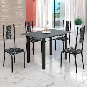 Conjunto Sala de Jantar Bahia Mesa Tubo 120x75cm Tampo Pedra com 4 Cadeiras Preto Floral/Preto Fosco