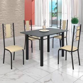 Conjunto Sala de Jantar Bahia Mesa Tubo 120x75cm Tampo Pedra com 4 Cadeiras Creme/Preto Fosco