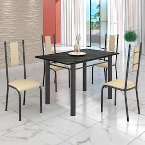 Conjunto Sala de Jantar Bahia Mesa Tubo 120x75cm Tampo Pedra Ardósia Indiana com 4 Cadeiras Creme/Prata