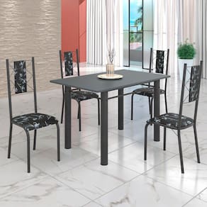 Conjunto Sala de Jantar Bahia Mesa Tubo 120x75cm Tampo Pedra com 4 Cadeiras Preto Floral/Prata