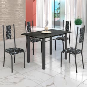 Conjunto Sala de Jantar Bahia Mesa Tubo 120x75cm Tampo Madeira Indiana com 4 Cadeiras Preto Floral/Prata