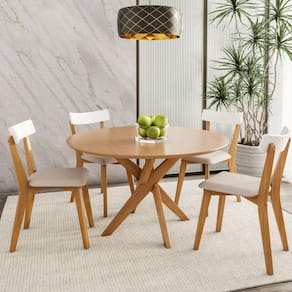 Conjunto Sala de Jantar Mesa Tampo Redondo Madeira Maciça com 4 Cadeiras Rafa Espresso Móveis Branco/Nozes