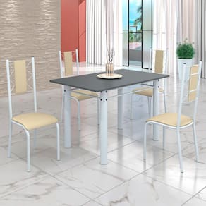 Conjunto Sala de Jantar Bahia Mesa Tubo 120x75cm Tampo Madeira com 4 Cadeiras Creme/Branco