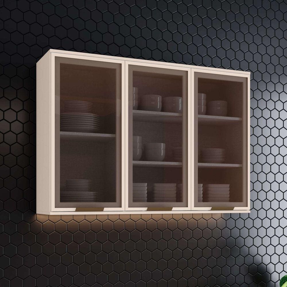 Armário Aéreo 3 Portas 100% MDF com Vidro Aurora Off White