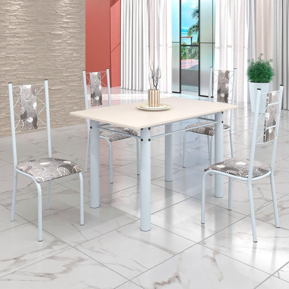 Conjunto Sala de Jantar Bahia Mesa Tubo 120x75cm Tampo Madeira com 4 Cadeiras Paraopeba/Branco