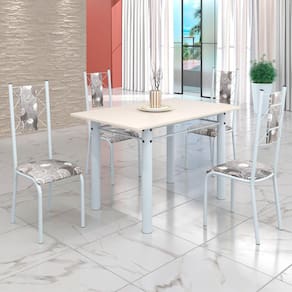 Conjunto Sala de Jantar Bahia Mesa Tubo 120x75cm Tampo Madeira com 4 Cadeiras Paraopeba/Branco
