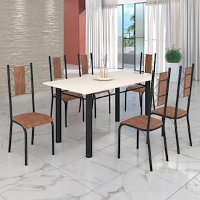 Conjunto Sala de Jantar Bahia Mesa Tubo 140x75cm Tampo Madeira com 6 Cadeiras Courino Marrom/preto Fosco